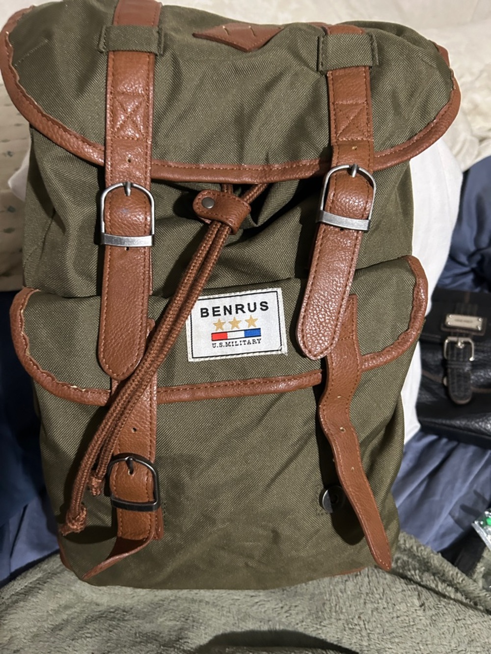Olive Green Benrus Canvas Backpack with Brown Trim